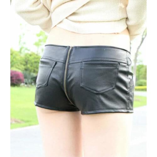 Hot Sexy PU Zipper Open Cortch Booty Short Vintage Cute Bikini Low Rise Waist Micro Mini Short Sexy Culb Wear FX1052