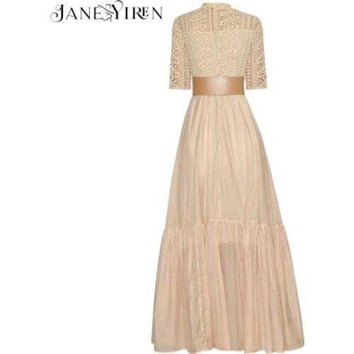 Janeyiren Fashion Designer dress Summer Women Dress Half sleeve Lace Patchwork Hollow out Sashes High waist Long Party Dresses