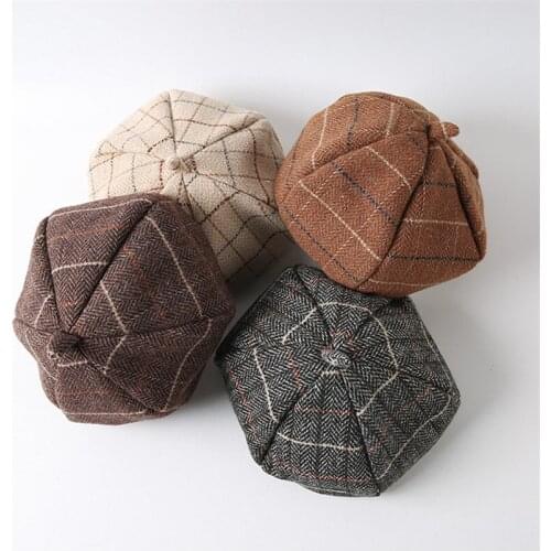 British Style Plaid Brimless Beret Womens Fall Winter Boinas Hombre Hat Fashionable Painter Baret Cap French Octagonal Hats