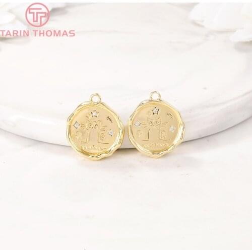 4PCS 15MM 24K Gold Color Brass with Zircon Cat Round Disk Charms Pendants High Quality Diy Jewelry Findings Accessories