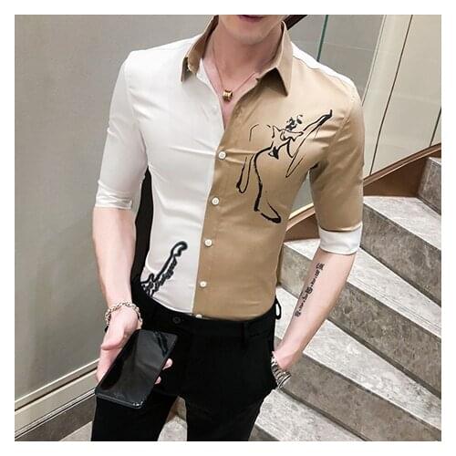 Mens Fashion Slim Fit Shirt Half Sleeve Patchwork Blouses Printed British Style C5