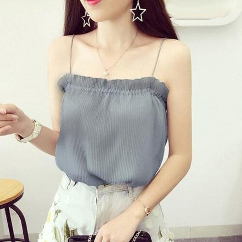 2020 New Sexy Women Summer Chiffon Ruffle Ribbed Vest Camisole Spaghetti Strap Tank Top Camisole