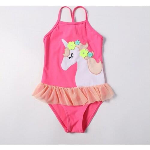 New One-Piecered Unicorn Sweet Girls Swimsuit Small Flower Embroid Cute Ruffled Girls Childrens Swimsuit For1-6years