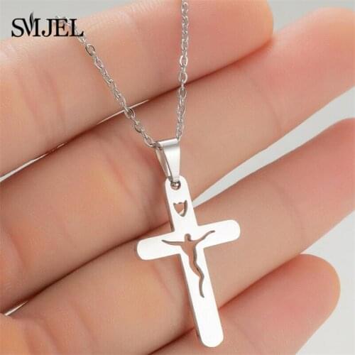Stainless Steel Cross Necklace Pendant Womens Accessories Choker Necklace Men Vintage Jewelry Jesus Religious Birthday Gifts
