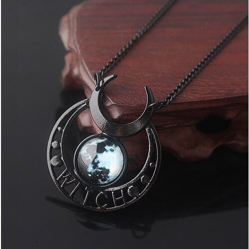 Punk Gothic Witch Black Moon Necklace Triple Moon Goddess Blue Stone Necklace For Women Men Cosplay Jewelry Gift
