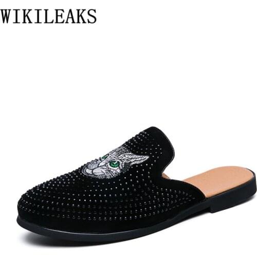 Crystal Half Shoes For Men Mules Men Loafers Slip On Casual Men Shoes Dress Slippers Mule Masculino Mens Luxury Designer Slides