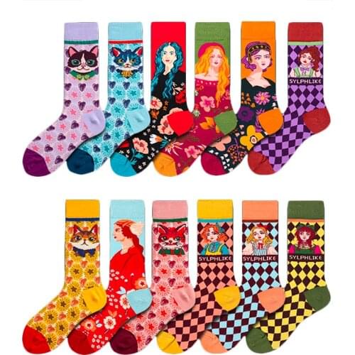 Happy Women Socks Cartoon Character Print Creative Art Novelty Funny Women Harajuku Cotton Socks Factory Dropshipping Contact Us