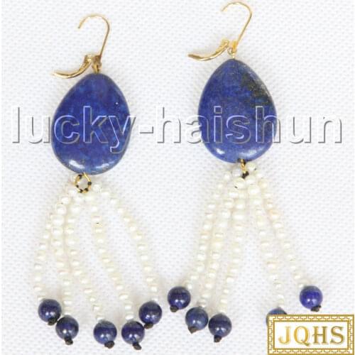 JQHS Dangle 3.5" 21X28mm drip lapis lazuli freshwater pearl Earrings 14KT hoop j11565