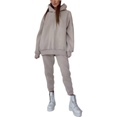 Gymwear Women Set Sport Suit Clothes Long Sleeve Gym Solid Color Hooded Pullover Loose High Waist Pants 2pcs Sports Outfits