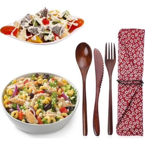 Japanese Style Spoon Fork Portable Wooden Cutlery Sets Cloth Bag Pack Tea Scoops Desserts Fruits Travel Dinnerware Suit