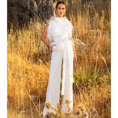 Ostrich Feather Wedding Jumpsuit with Belt Beach Wedding Dresses Jewel Neck Ankle Length Satin Bridal Outfit Wedding Gowns 2021