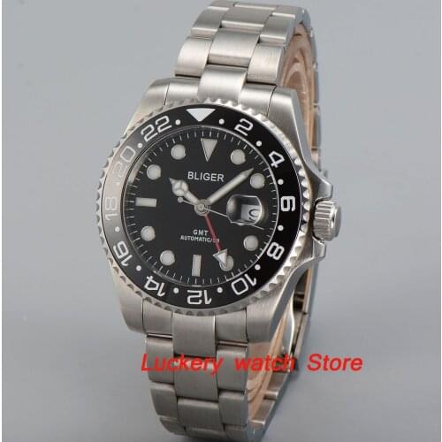 Bliger 40mm black dial luminous saphire glass;black Ceramic Bezel GMT Automatic movement mens watch-BA18