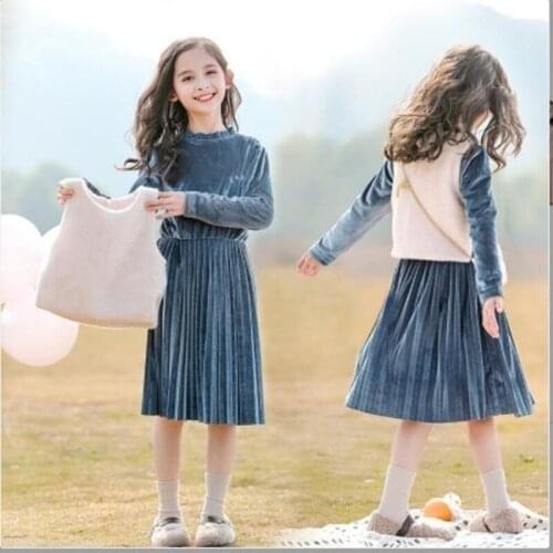 Girls' Tweed Suit 2021 New Winter Long Sleeve Velvet Dress + Vest 2 Piece Comfortable Leisure Childrens Spring Autumn Clothing