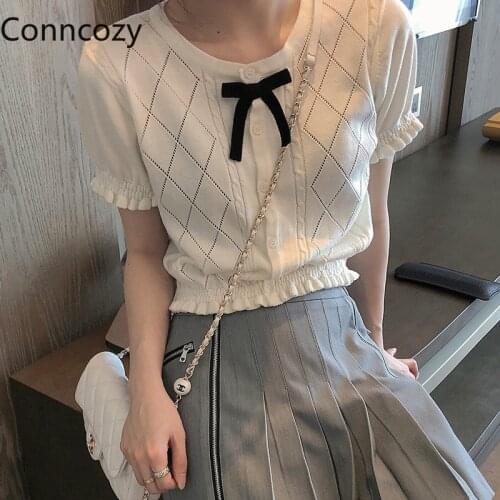 Short Sleeve Knitted Tops Sweet Summer White Stretch Breathable Shirt Womens Sweaters&Jumpers Short Slim Thin Cardigan Top Lady