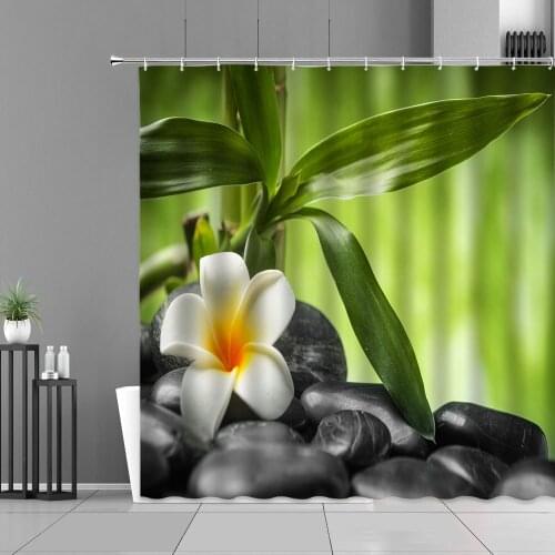 Green Bamboo Plants Leaf Shower Curtains Zen Stone Flower Landscape For Home Bathroom Decor Waterproof Curtain Background Cloth