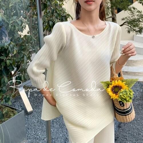 Miyake Pleated Women Casual Top Pleated Blouse O Neck Designer Top 2021 Autumn Loose Plus Size Three Quarter Sleeve Top Fashion