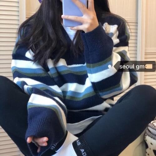 Woman Sweaters Chandails Seoul Korean Style Pullover Womens Thick Loose Striped Sweater