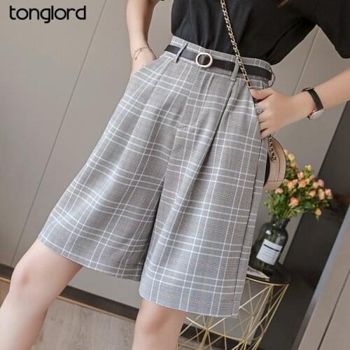 S-3XL Sashes Booty Shorts High Waist Summer Vintage Plaid Wide Leg Suits Short Women Elegant All Match Straight Belt Shorts Girl