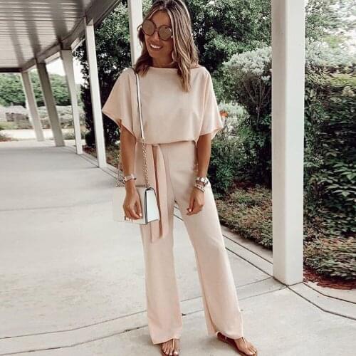 Rompers Women Jumpsuit Casual O Neck Short Sleeve Playsuit Clubwear Straight Leg Jumpsuit Womens With Belt Long Bodysuit Romper