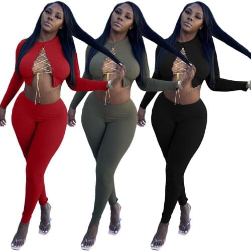 Sexy Slit Metal Chain Lace Up Solid Tracksuit Women Casual O Neck Long Sleeve Crop Top + Pants Slim Two Piece Set Club Outfits
