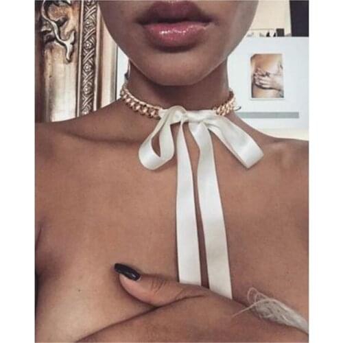 Fashion Ribbon Necklace for Woman Girl Elegant and Dignified Bow Ribbon Tie Metal Chain Necklace Necklace