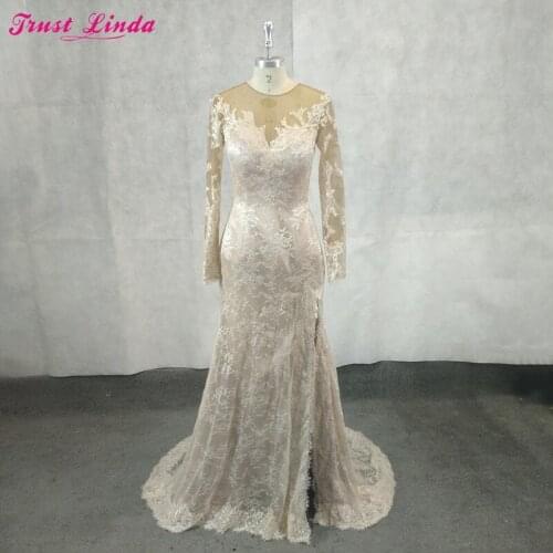 Champagne Lace Appliques Tulle Mermaid Half Sleeves Mother Dresses Sexy Illusion Top Side Slit Plus Size Dress Prom Gowns