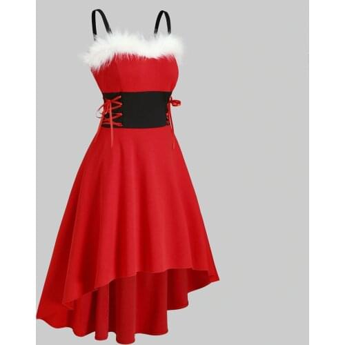 2020 Christmas Dress Women Off Shoulder Autumn Fashion Dresses Faux-fur Lace Up Asymmetrical High Low Midi Dress Женское Платье