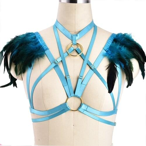 Women Body Sexy Feather Harness Adjust Shoulder Epaulettes Harness Cage Bra Lingerie Cosplay BurningMan Gothic Top Harness