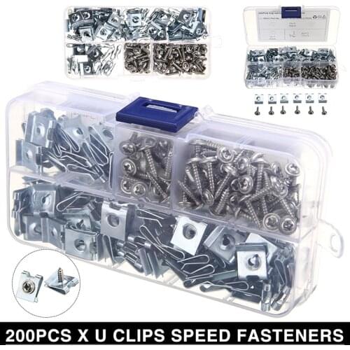 200Pcs/set Motorcycle Car Speed Clip Fastener Assorted Kit 304 Stainless Steel U-shaped Clip Nuts M3*12