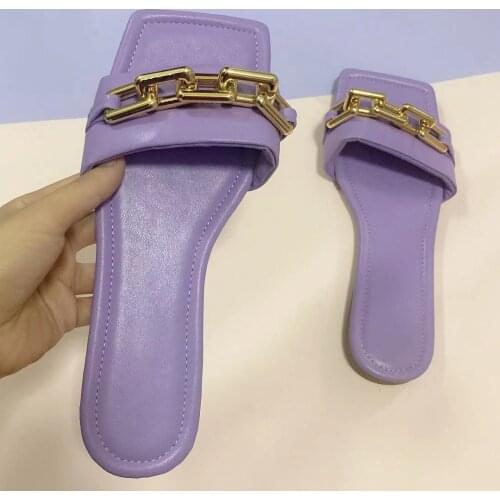 2021 New Arrival Fashion Women Pu Leather Chain Square Toe Flat Casual Slipper Shoes Out Door Slippers Woman Zapatos Para Mujer