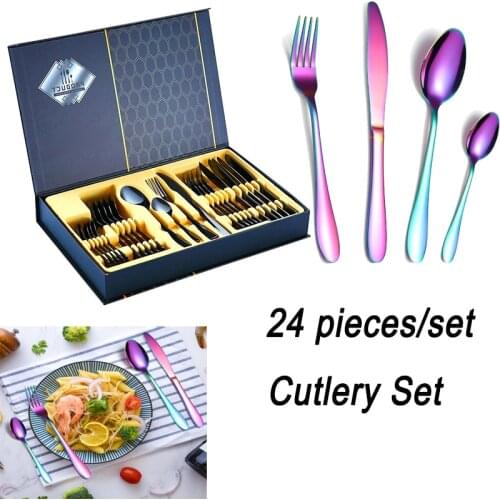 24pcs/set Cutlery Boxed Gold-plated Stainless Steel Portuguese Knife Fork Spoon Golden Gift Box Gift Set Kitchen Utensils Sets