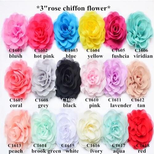 50pcs/lot 3'' rose chiffon flower fancy headbands chiffon rose flower in 22 colors ,hair flower for garment decoration