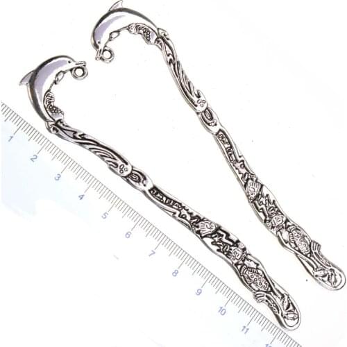 Accessories For Crafts Bookmarks Stationery Wholesalers Book Page Marker Dolphin DIY Tassels Pendants Silver Metal 124mm 5pcs