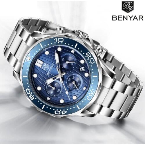 BENYAR Quartz Mens Watches New Stainless Steel Sports Watch Men Chronograph Waterproof Fashion Men Wrist Watch Relogio Masculino