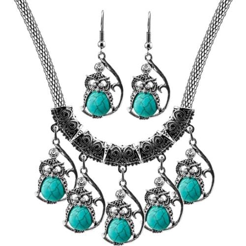 FYJS Unique Silver Plated Wisdom Owl Shape Green Turquoises Stone Pendant Necklace Earrings Animal Jewelry Sets