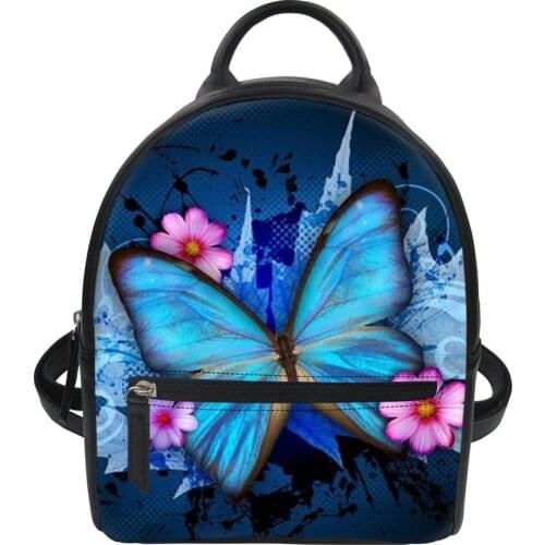 HYCOOL 2020 New Women Bag Cute Blue Butterfly Flower Print Teenager Girls Small Backpack Women Mini PU leather Backpacks Mochila