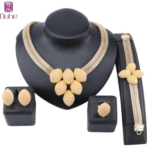 African Dubai Gold Jewelry Nigerian Necklace Earrings Ring Women Bridal Wedding Accessories Jewelry Set