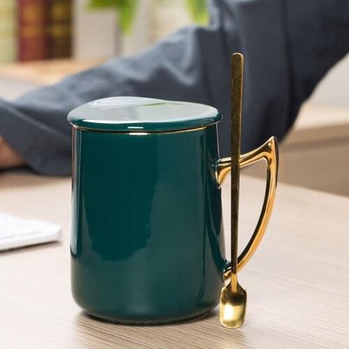 Creative Couple Ceramic Mug with Lid Spoon Gold-plated Coffee Cup Nordic Ins Cup