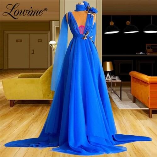Lowime 2021 New Design Royal Blue Long Prom Dresses Tulle Party Dress Plus Size Customized Celebrity Dresses Arabic Evening Gown