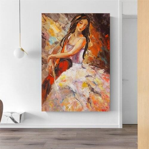 MUTU Wall Art Canvas Painting Figure Picture Poster And Prints Violin Girl Oil Painting Home Decor For Living Room No Frame