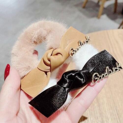 Pure cowhide bow Hair rope Faux rabbit fur Elastic hair loop Womens Fashion luxury Fur hair accessories