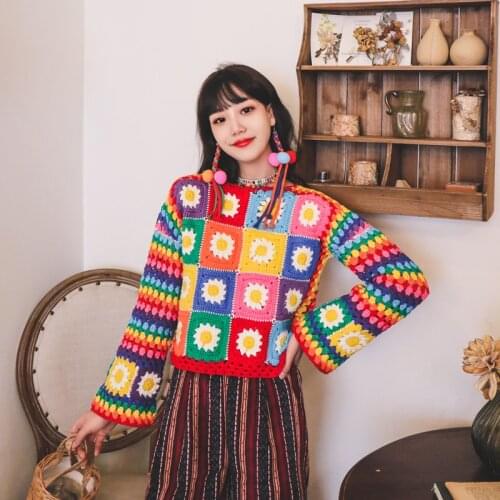 Original Womens Spring and Autumn Custom Handmade Crochet Cut out Long-Sleeve Sweater Ethnic-Style Color Top