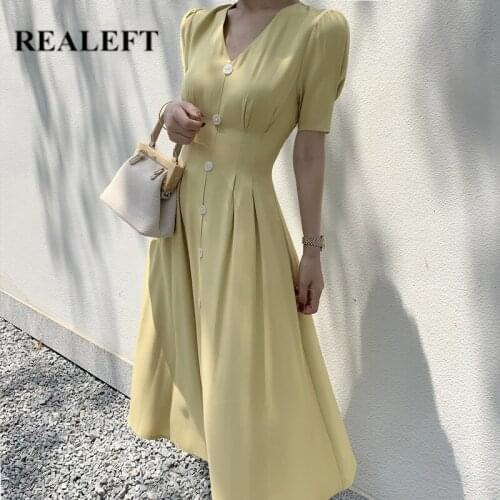 REALEFT Summer 2021 New Stain Single Breated Long Shirts Dresses Vintage V-Neck Short Sleeve High Waist Straight Female Dress
