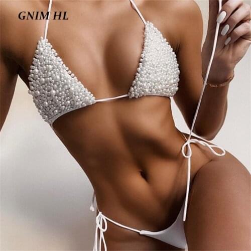 GNIM Sexy Thong Bikini Swimwear Women 2020 Sumemr Solid Bandage Pearl Swimsuit Two Pieces Micro Swimming Suit For Women Biquini