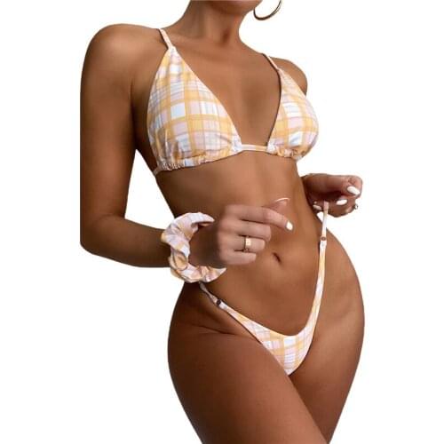 Sexy Women’s Checked Bikini Suit 3Pcs Swimsuit Banch Wear Deep V-neck Drawstring Tank Tops With Triangle Bottoms And Headband