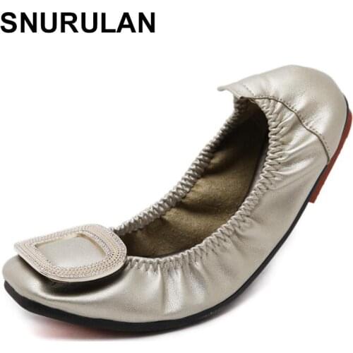 SNURULAN Square Crystal Buckle Shoes Ladies Foldable Flats Elastic Pocket Shoes Woman Roll-Up Moccasins Luxury Ballet Loafers