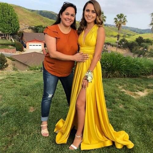 Sexy Bright Yellow Evening Dresses V-Neck Simple Women Formal Evening Party Dress Crisscross Back Front Split Vestido De Noite