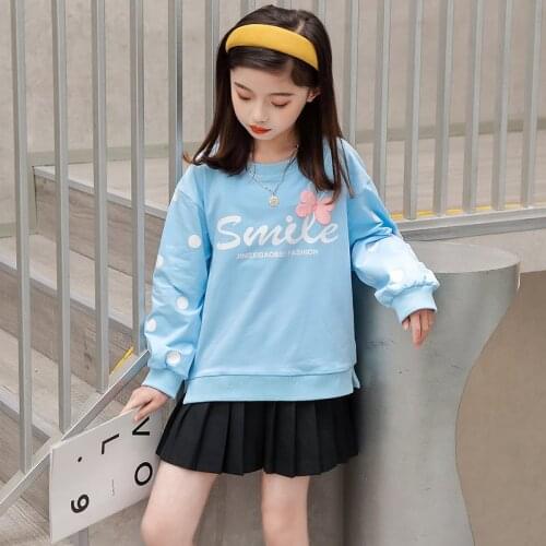 Sweatshirts for Girls Big Letter Print Skyblue Green Tee Tops Childrens New Sweatshirts Long-Sleeved Spring Clothing Age 4-11 T