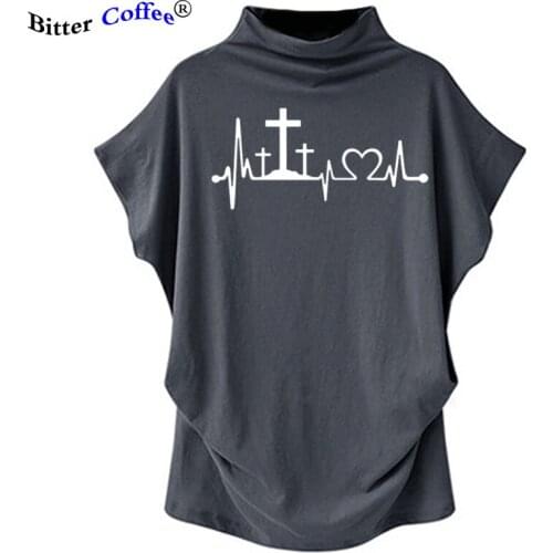 Women Batwing Sleeve Shirt Casual Tshirt Heartbeat Cross Jesus Faith T-shirt Mens Tee Tops Womens Short Shirt Cool Plus Size