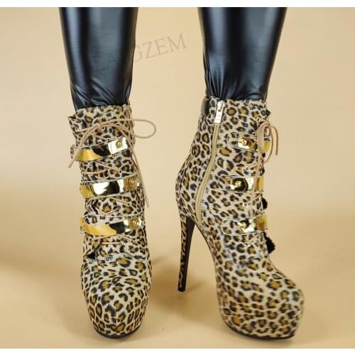 DOHBANER FASHION Women Ankle Platform Boots Side Zip Slim Heels Booties Faux Suede Leopard Shoes Woman Plus Size 40 43 46 50 52